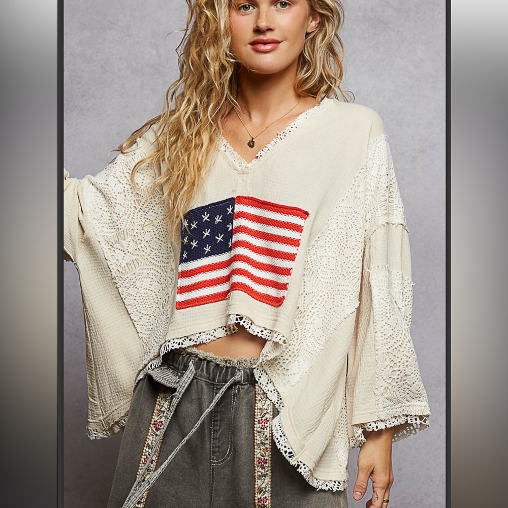 POL Cream American Flag Crochet Knit Sweater